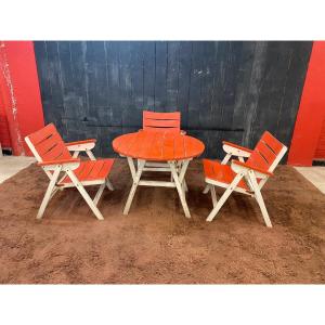 Garden Furniture In Painted Wood Circa 1950, 1 Table And 4 Folding Armchairs