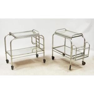 Two Art Deco Rolling Bars In Aluminum And Mirror Circa 1930