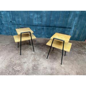 Pair Of Side Table In Oak And Lacquered Metal, France Circa 1950