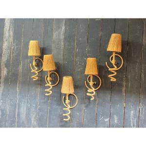 Audoux Minet Rare Suite Of 5 Large Rope Sconces, Circa 1950