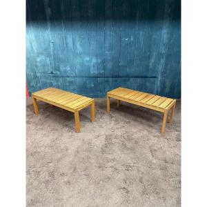 2 Side Tables In Pine, Style Of Charlotte Perriand "les Arcs" Circa 1950/1960