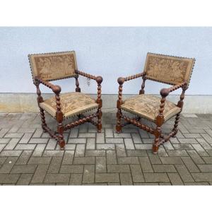 Pair Of Louis XIII Style Armchairs, Circa 1900