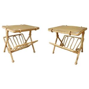 Audoux Minet Very Rare Pair Of Side Tables, Covered In Rope Circa 1950