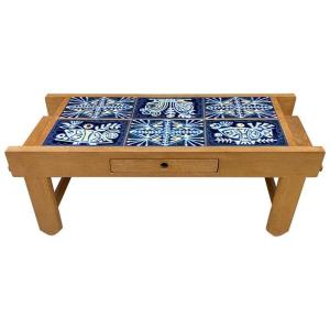 Guillerme Et Chambron, Rare Oak And Enameled Lava Living Room Table, Your Home Circa 1970
