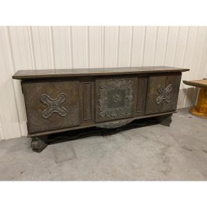 Large Neoclassical Art Deco Sideboard In Limed And Blackened Oak, Circa 1940/1950