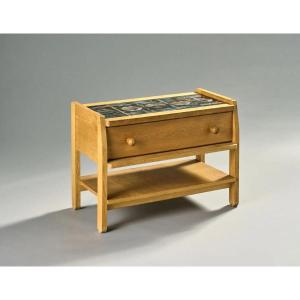 Guillerme Et Chambron, Side Table In Oak And Ceramic, Edition Vos Maison Circa 1970