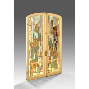 Henry Lhotellier (1908-1993) 2 Abstract Stained Glass Windows With Their Frame Circa 1970