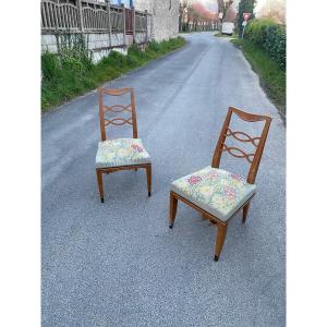 Pair Of Elegant Art Deco Chairs In Cherry Wood, Tapestry Circa 1930