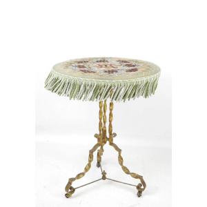 Napoleon III Pedestal Table With Tilting Top, Wrought Iron, Tapestry 