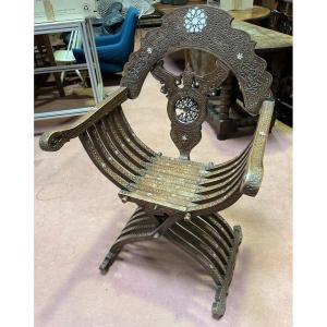 Oriental Work. Armchair In Carved Wood, Bone And Mother-of-pearl Inlay Circa 1880