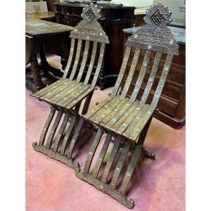 Pair Of Foldable Oriental Chairs In Carved Wood And Bone Inlay, 19th Century
