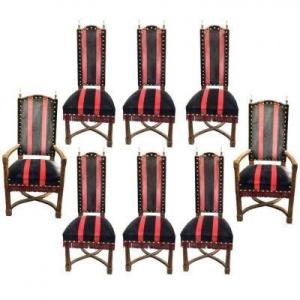 Suite Of 8 Brutalist Oak Seats Circa 1950, 2 Armchairs And 6 Chairs 