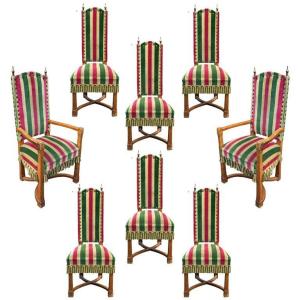 Suite De 8 Sièges Brutalistes En Chêne Circa 1950, 2 Fauteuils Et 6 Chaises