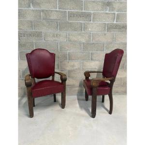Francisque Chalessin (1872-1951) Pair Of Bridge Armchairs In Oak Circa 1940/1950