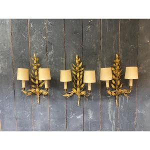 3 Sconces In The Style Of Maison Baguès, Stylized Leaves Circa 1950