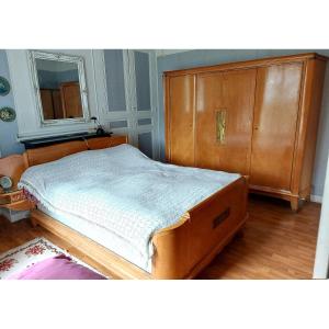 Art Deco Sycamore And Bronze Wardrobe And Bed Circa 1930/1950