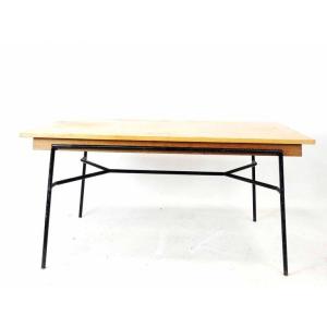 1950 Table With Tubular Structure In Lacquered Metal, Oak Top