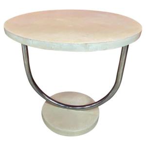 Art Deco Modernist Chrome And Parchment Pedestal Table Attributed To Jacques Adnet Circa 1930