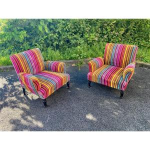 Pair Of Napoleon III Armchairs, Restored Multi Color Velvet