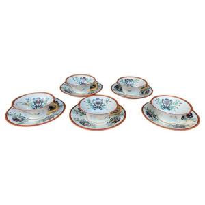 Albert Laurent, Manufacture De Couleuvre, 5 Porcelain Cups And Saucers Circa 1930
