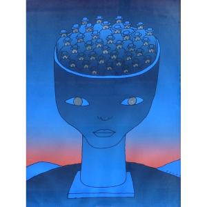 Jean Michel Folon, Screenprint "the Cup Of Humanity" Circa 1970