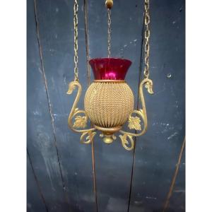 Pair Of Small Church Lanterns In Brass And Stained Glass Circa 1930/1950