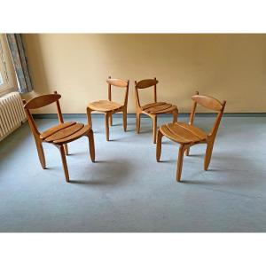 4 Chaises " Thierry" En Chêne Massif Par Guillerme Et Chambron , Circa 1960/1970