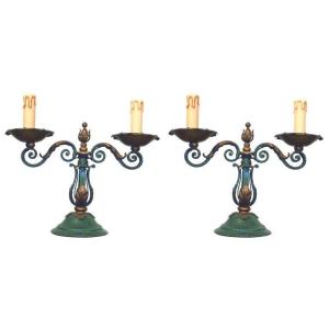 Art Deco Work Circa 1940 Pair Of Lacquered And Gilded Wrought Iron Lamps