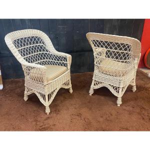 Pair Of Lacquered Rattan Conservatory Armchairs, And Their Cushions Circa 1970