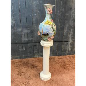 Large Vase Mounted As A Lamp In Polychrome Barbotine Cold Decorated Called "impressionist" End Of The 19th Century