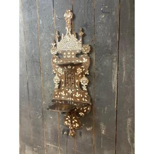 Antique Oriental Carved Wood Shelf With Bone Inlays