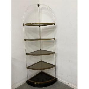 Large Corner Shelf In Altuglass, Brass And Glass Attributed To Maison Roméo Paris Circa 1970