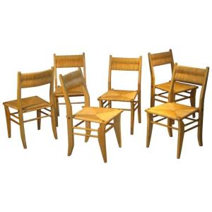 Guillerme Et Chambron, 6 Straw Chairs Edition Votre Maison Circa 1960/1970