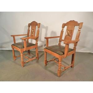 Pair Of Neo Classical Oak And Leather Armchairs Circa 1950