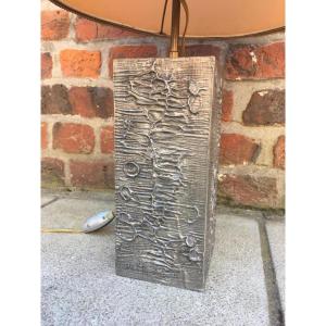 Vintage Lamp, Carved Pewter Base, Circa 1970 Signature To Decipher 