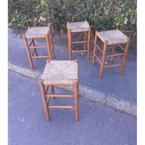 4 Straw And Wood Stools Circa 1950/1960