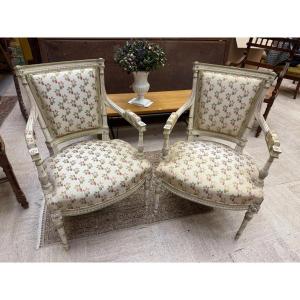 Pair Of Elegant Louis XVI Directoire Armchairs In Patinated Wood 