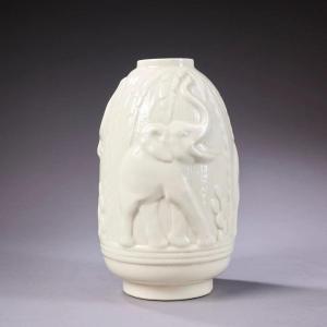 Boch La Louvrière, Belgium. Art Deco Ovoid Ceramic Vase, Elephant Decor Circa 1930