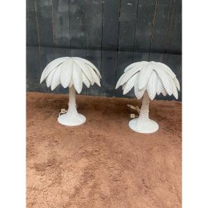 Pair Of Large Palm Tree Shaped Ceramic Lamps, Italy Circa 1970