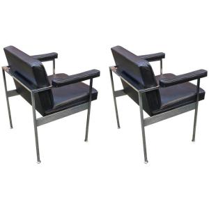 Maurice Rinck, Pair Of Office Armchairs, Leather And Chrome Circa 1960
