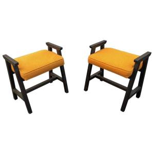Guillerme Et Chambron, Rare Pair Of Oak Stools "edition Votre Maison Circa 1970/1980