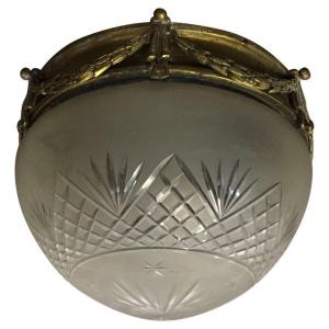 Antique Napoleon III Ceiling Light In Bronze, Brass And Etched Glass