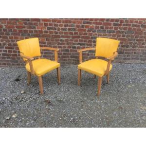 Set Of 10 Art Deco Armchairs, Oak And Leather Circa 1930/1950