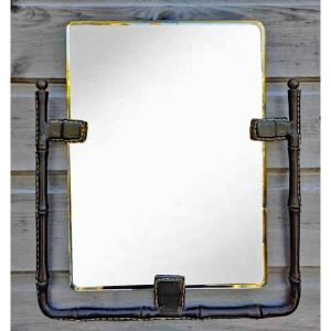 Jacques Adnet, Mirror Covered In Saddle Stitched Leather Circa 1950