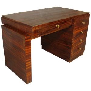 Charming Small Art Deco Desk In Macassar Ebony Veneer, Bronze Handles Circa 1930