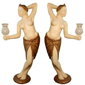 Pair Of Large Torchieres In Patinated Plaster Circa 1950