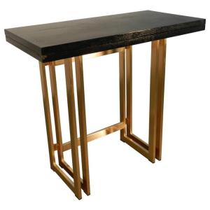 Artelano, Extendable Console Table In Gold Metal And Norci Oak Circa 1960/1970
