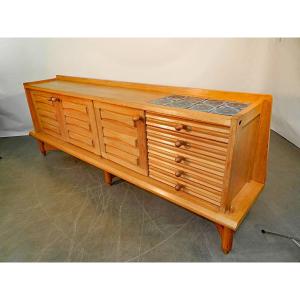 Guillerme Et Chambron, Large And Elegant Oak Sideboard, Edition Votre Maison, Circa 1970