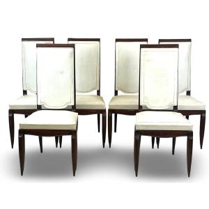 Maurice Jallot ( Attributed To ) Suite Of 6 Art Deco Chairs, Trimmed In Leather