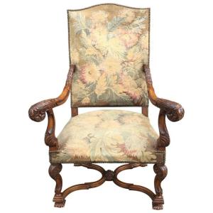 Large Louis XIII Style Armchair In Walnut, 19th Century